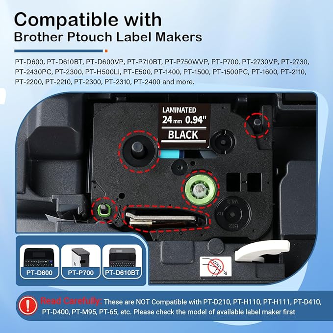 Labelife 24mm Black Label Tape TZe-355 Compatible with for Brother P Touch 1 Inch TZe TZ Tape 24mm 0.94 Laminated White on Black Work with Brother Ptouch PTD600 PTP710BT PTP700 P750W, 5-Pack