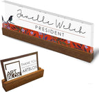 Artblox Personalized Office Desk Name Plate and Business Card Holder | Clear Acrylic Glass with Teak Wood Stand | Bird Singing Design Customized with Your Name and Credentials Office Desk Décor 8x2.5