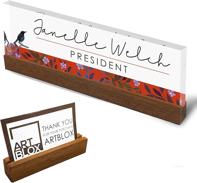 Artblox Personalized Office Desk Name Plate and Business Card Holder | Clear Acrylic Glass with Teak Wood Stand | Bird Singing Design Customized with Your Name and Credentials Office Desk Décor 8x2.5