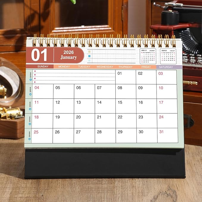 Small Desk Calendar 2026, Standing Flip Desktop Calendar from January 2026 to June 2027 - Metal Ring Twin-Wire Binding Monthly Desktop Calendar for Home Office School (Black)