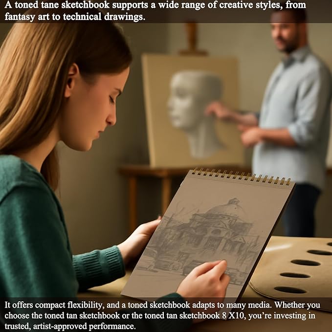 Fuxi Toned Sketchbook 8x10, 60 Sheets Spiral Bound Artist Sketch Pad - Perfect Art Gift for Artists, Students & Professionals.