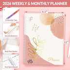 SUNEE 2026 Weekly and Monthly Planner - from January 2026 - December 2026, Daily Agenda Planner with Monthly Tab, Flexible Cover, Note Pages, Pockets, Bookmark, Spiral Binding, Pink Breeze, 8.5"x11"