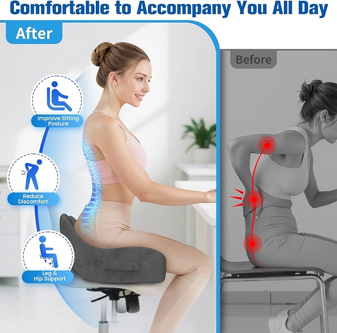 DailyCuddles Seat Cushion, Chair Cushions for Office Chairs/Desk Seats/Wheelchair - Hip&Sciatica&Tailbone Pain Relief Memory Foam Office Chair Cushion for Long Sitting Office Workers, Grey
