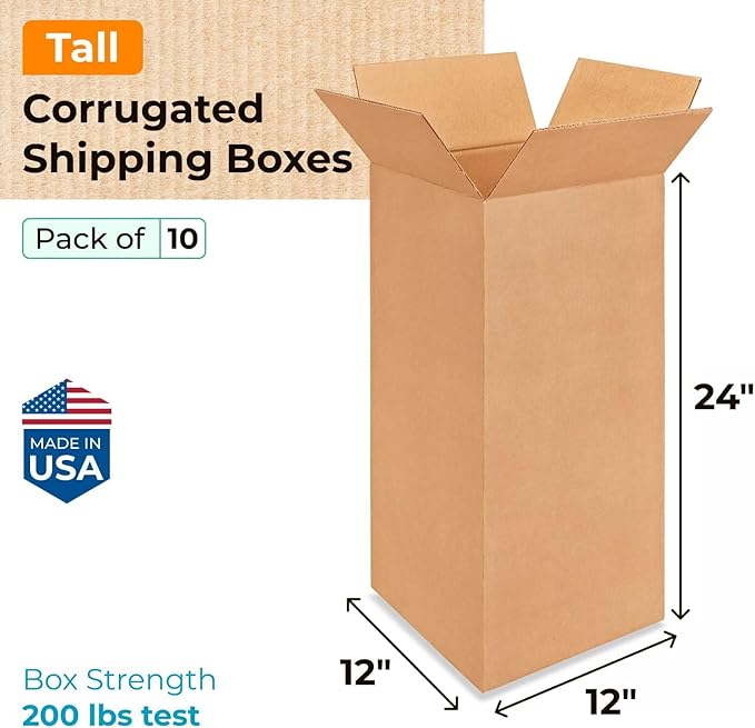 Tall Moving & Shipping Boxes 12x12x24 inches (10-Pack) - Extra Strength 200 lb vs Regular - Corrugated Durable Moving Boxes - Box for Packaging - Packing Box for Shipping by IDL Packaging
