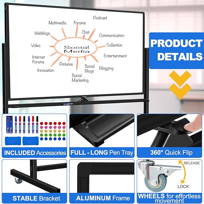 Max-officoo Large Dry Erase White Board with Rolling Stand 72"x48" Double-Sided Mobile Magnetic Whiteboard on Wheels, Including 3 Magnetic Erasers, 7 Markers, 30 Magnets