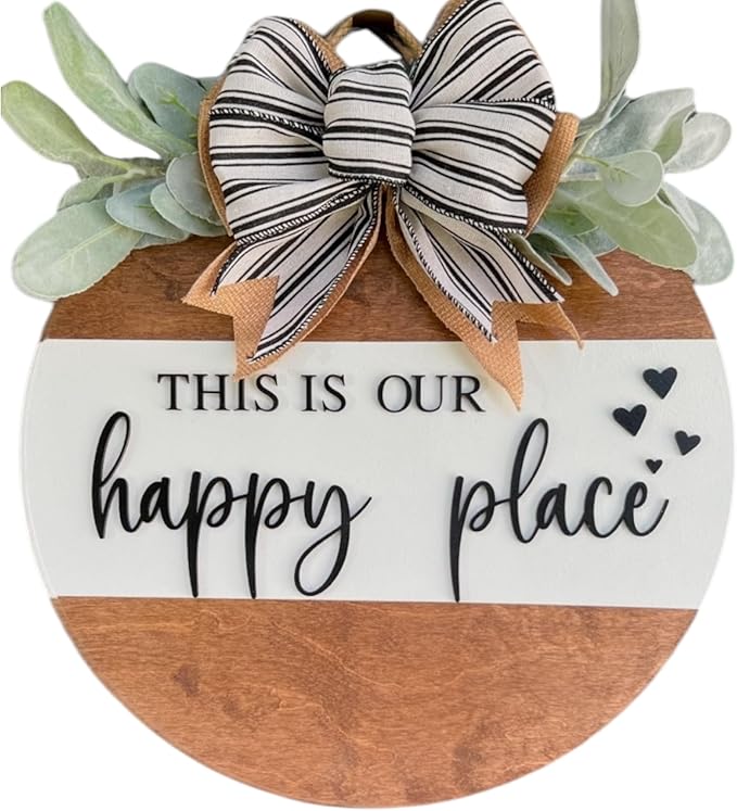 Wood front door sign Wood sign Home decor Welcome sign Sign for front door House warming gift Wedding gift (Happy place-DS001(A6) S003, 22" Width)