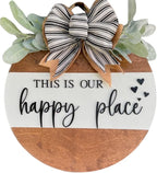 Wood front door sign Wood sign Home decor Welcome sign Sign for front door House warming gift Wedding gift (Happy place-DS001(A6) S003, 11" Width)