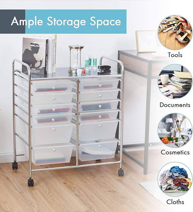 LDAILY 12 Drawer Rolling Storage Cart, Craft Cart Organizer on Wheels w/Metal Frame, Large Capacity & Smooth Drawer, Rolling Cart w/Drawers for Classroom, Office
