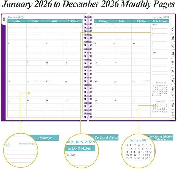 Daily Planner 2026 Full Page Per Day- 2026 Daily & Monthly Planner from January 2026 to December 2026, Day Planner 2026 with 12 Months Tabs, 8.5" x 11", Purple