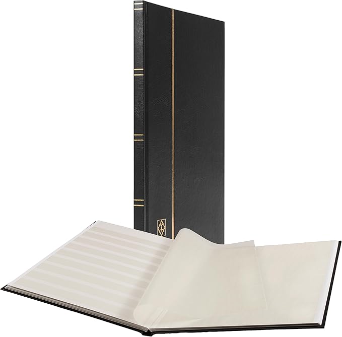 LIGHTHOUSE – “BASIC” Hard Cover Stockbook for Stamps – 16 White Cardstock 9”x12” (A4) Pages with Glassine Strips - Black