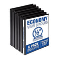 Samsill 0.5 Inch 3 Ring Binder, Made in USA, Economy Round Ring, Clear View Cover, 100 Sheet Capacity - for School, Home, Office - Black, 6 Pack
