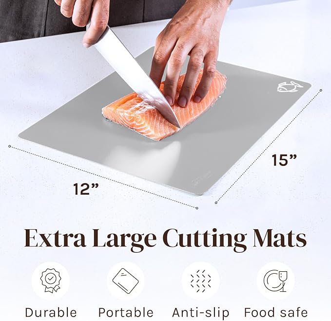 Cooler Kitchen Extra Thick Flexible Cutting Mat Set With Food Icons & EZ-Grip Back (Set Of 4 Mats) - Flexible Cutting Boards for Kitchen - Flexible Plastic Cutting Board Set (Black and White)…