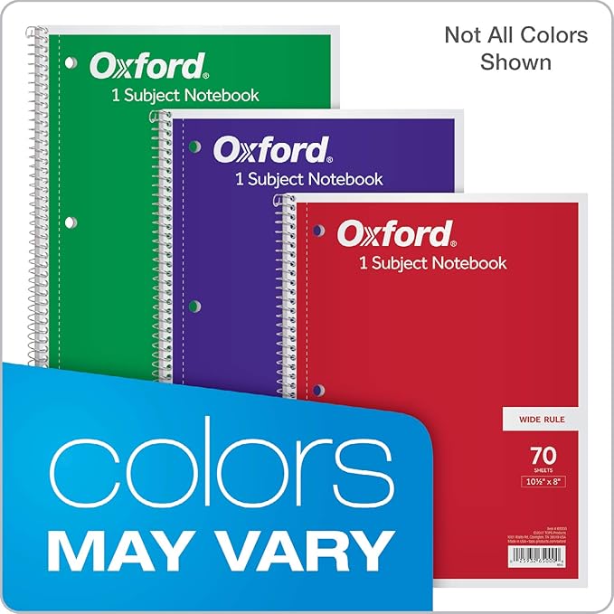 Oxford Spiral Notebooks, 1 Subject, Wide Ruled Paper, 70 Sheets, 24 per Pack, Colors May Vary (65000)