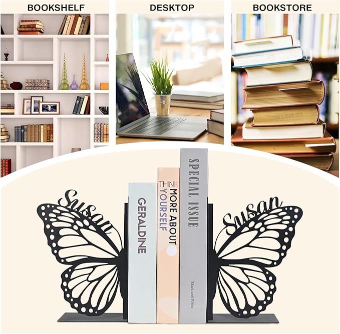 Personalized Butterfly Decorative Book Ends, Heavy Duty Bookends for Shelves, Non-Slip Book Stopper, Metal Modern Bookshelf Decor for Home Office Study Room, Gifts for Readers Color01