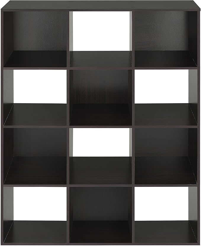 Whitmor 12 Cube Bookcase, 4 Tier Stackable MDF Bookself, Open Storage Display Organizer, Storage Cabinet for Living Room, Bedroom, Home, Office, 35.1" L x 11.7" W x 47.5" H, Espresso
