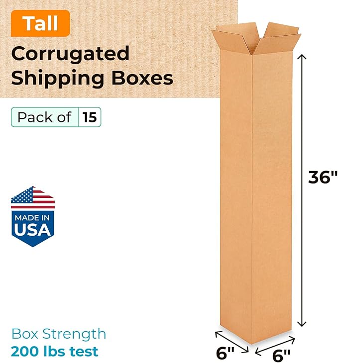 Tall Moving & Shipping Boxes 6"L x 6"W x 36"H (15-Pack) - Extra Strength 200 lb vs Regular - Corrugated Cardboard Box, Made in USA - Box for Packaging - Durable Shipping Box by IDL Packaging