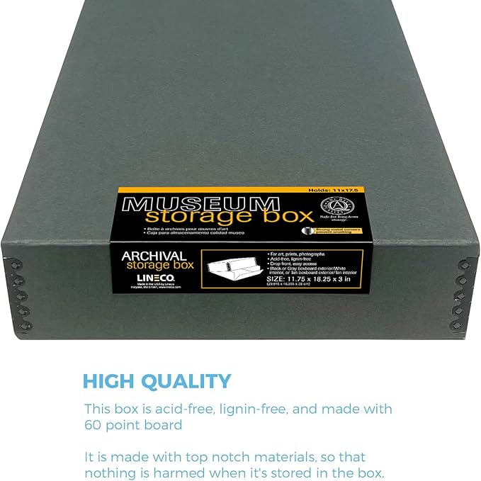 Lineco Museum Archival Storage Box, 11.75x18.25x3 in. Drop Front Design. Acid-Free with Metal Edge. Organize Photos, Pictures, Prints, Documents, Crafts, DIY. Gray, 2 Pack