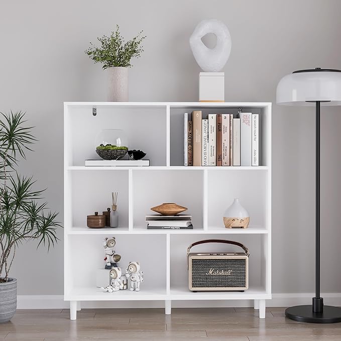 Chyanmoo Wood Cube Storage Organizer White Bookshelf - 3-Tier Freestanding Storage Cabinet with Legs for Home Office, 7-Cubes Open Shelf