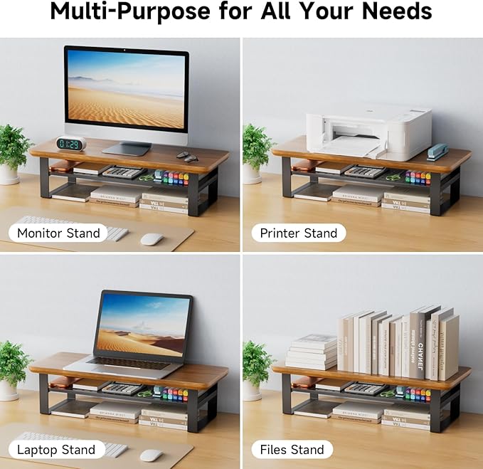 NestNeat Monitor Stand Riser, 24 Inch Computer Monitor Stand for Desk, 2-Tier Wood Desk Shelf Organizer with Storage, Desktop Stand for Laptop/Screen/PC/Printer, Ergonomic Home Office Monitor Stand