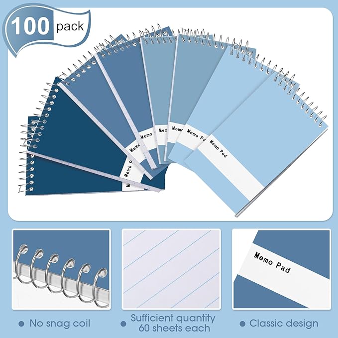 Thenshop 100 Pads Spiral Memo Pads Bulk 3 x 5 Inch Small Pocket Notepad Top Bound Lined 60 Sheets Mini Notebooks for School College Office Home Supplies (Fresh Colors)
