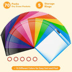 Gamenote 70 Pack Dry Erase Pockets with 5 Rings, 10 Assorted Colors 10x14 Oversized Reusable Plastic Sleeves, Clear Sheet Protectors, Teacher Supplies for Classroom Organization