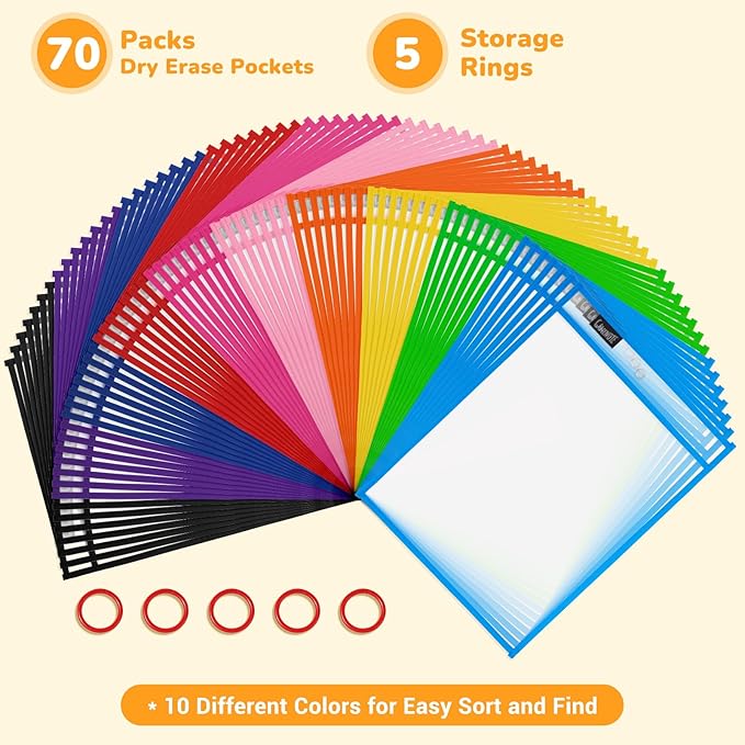 Gamenote 70 Pack Dry Erase Pockets with 5 Rings, 10 Assorted Colors 10x14 Oversized Reusable Plastic Sleeves, Clear Sheet Protectors, Teacher Supplies for Classroom Organization