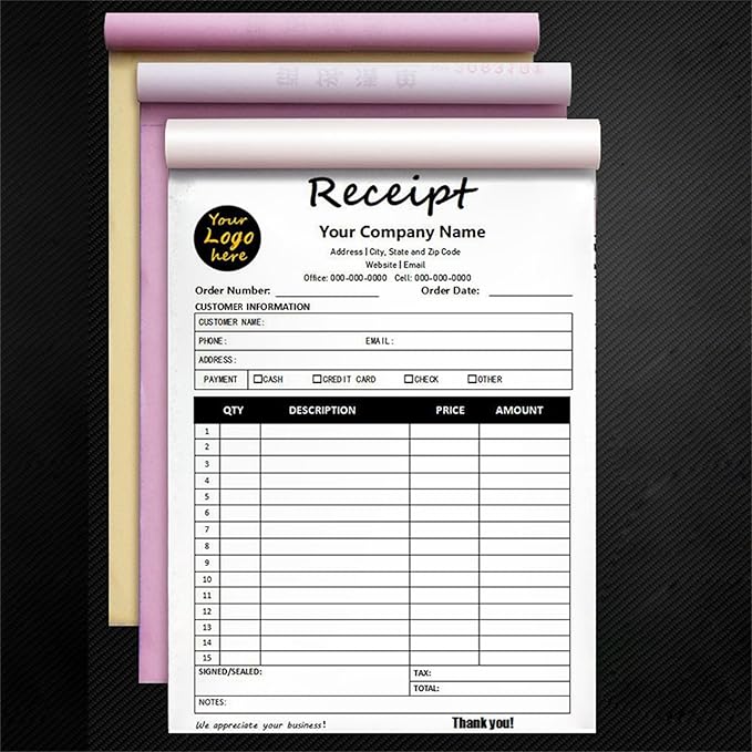 Custom Invoice Book in 3-Part /2-Part Receipt Book with Carbon Copies Personalized Carbonless Service Invoice Form Books Sales Order Book with Company Name Logo Address,D-Receipt Book with Logo