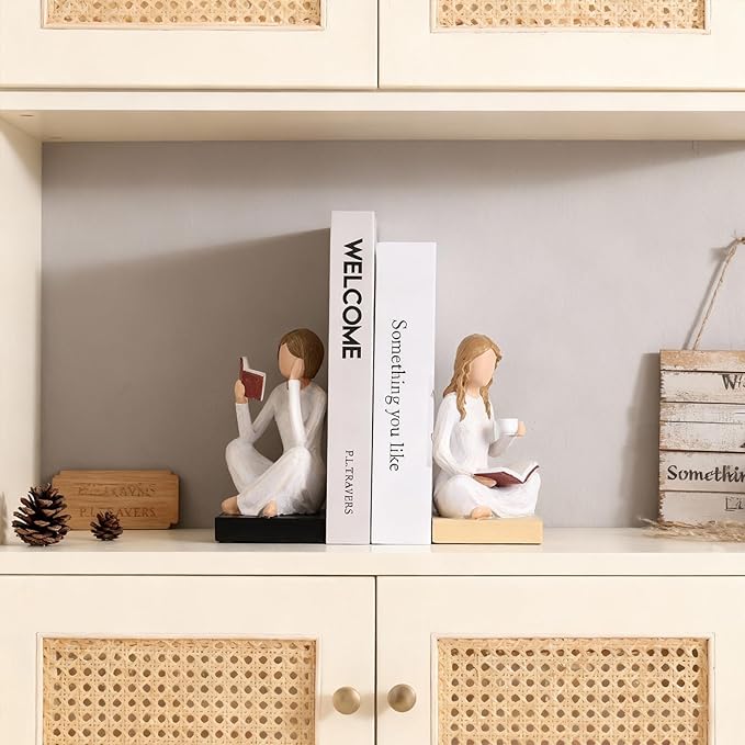 Reading Girl Bookends for Women, Resin Reading Woman Sculpture Bookends Set of 2, Aesthetic Bookshelf Decor for Home Office Library, Cute Feminine Book Ends for Book Lovers Gifts (Beige)