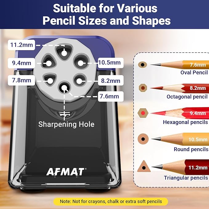 AFMAT 6-Hole Electric Pencil Sharpener, Cordless & Rechargeable, Pencil Sharpener for Classroom, Heavy Duty Pencil Sharpeners for 6-11mm Pencils, Auto Stop, Super Fast, 10,000+ Sharpenings, PSD1