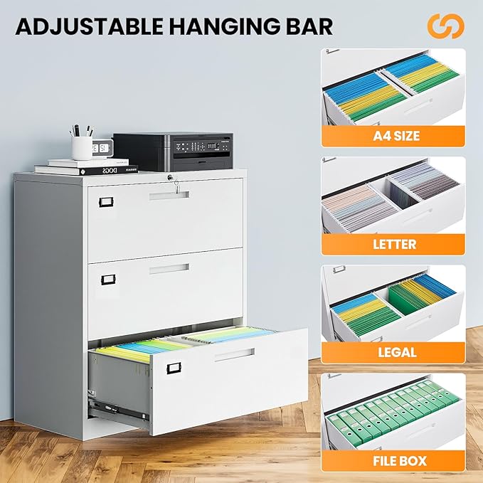 AFAIF 3 Drawer File Cabinets for Home Office, Metal Filing Cabinet with Lock, White Locking File Caninet Three Drawer, Office Storage Caninets Steel Cabnet for Letter/Legal/A4/F4-Assembly Required