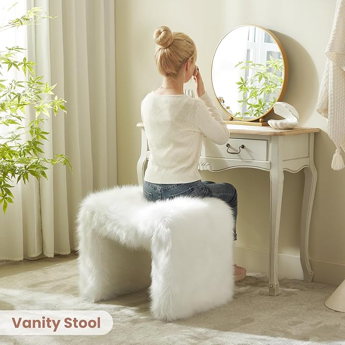 ZYKZYK Modern Vanity Stool Ottoman, Backless Faux Fur Small Footstool for Makeup Room, Living Room, Bedroom, Entryway Portable and Comfortable Seating (Single Piece) White