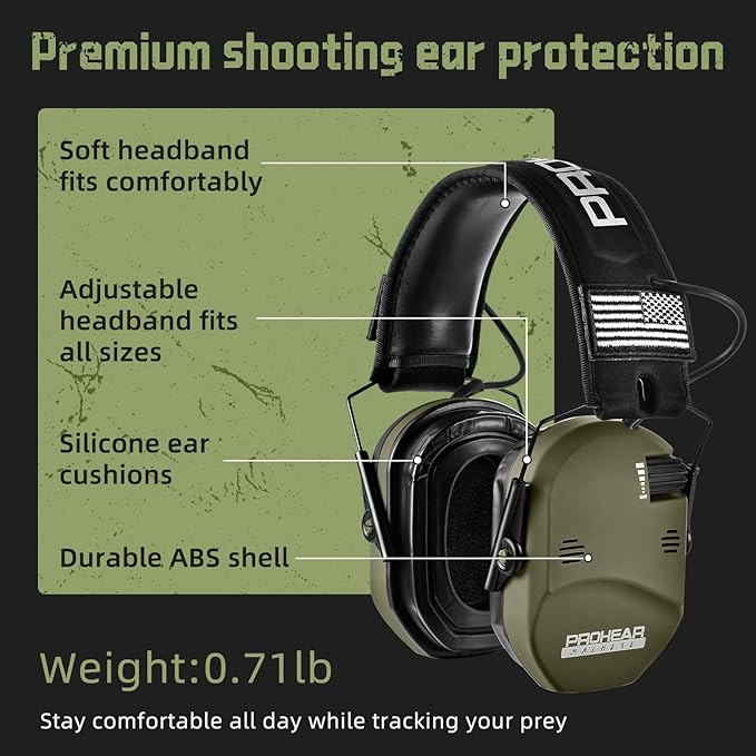 PROHEAR 022 Upgraded Electronic Shooting Earmuffs with Gel Cooling Ear Cushions - 29dB SNR Noise Reduction for Hunting & Gun Range, 5X Sound Amplification, 4 Omnidirectional Mics, HD Speakers,Green