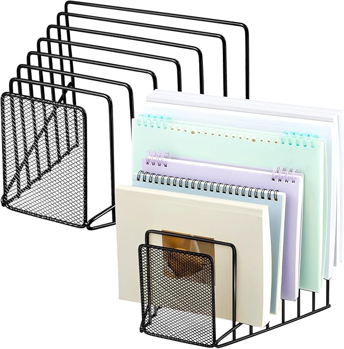 2 Pcs 7 Section Incline File Sorter Metal Wire Mesh File Rack for Desktop Letter Sorter for Magazine Folder Book Organizer Home Office School Paper Mail Desk Storage Holder (Black)