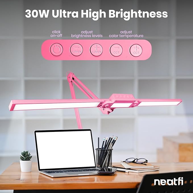 Neatfi LED Desk Lamp, Dimmable Desk Light with 360 SMD LEDs, 30W, CRI 95, Adjustable Color Temperature, Task Lamp for Home, Office, and Workbench (CCT, Pink, 41 Inches)