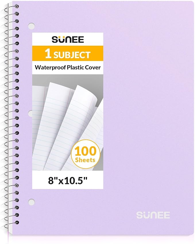 SUNEE Spiral Notebook, 1-Subject, College Ruled Paper, 8" x 10-1/2", 100 Sheets per Notebook, 3-Hole Punched Paper, Water Resistant Cover, Double-sided Pockets, Spiral Lined Notebooks for Work, Purple