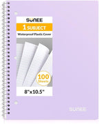 SUNEE Spiral Notebook, 1-Subject, College Ruled Paper, 8" x 10-1/2", 100 Sheets per Notebook, 3-Hole Punched Paper, Water Resistant Cover, Double-sided Pockets, Spiral Lined Notebooks for Work, Purple