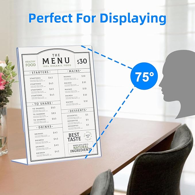 DECOHOBO 18 Pack Acrylic Sign Holder 8.5 x 11, Clear Plastic Display Stands for Tabletop, L-Shape Acrylic Stands for Flyers, Documents, Office, Restaurants, Vertical Sign Holder 8.5x11 for Desktop