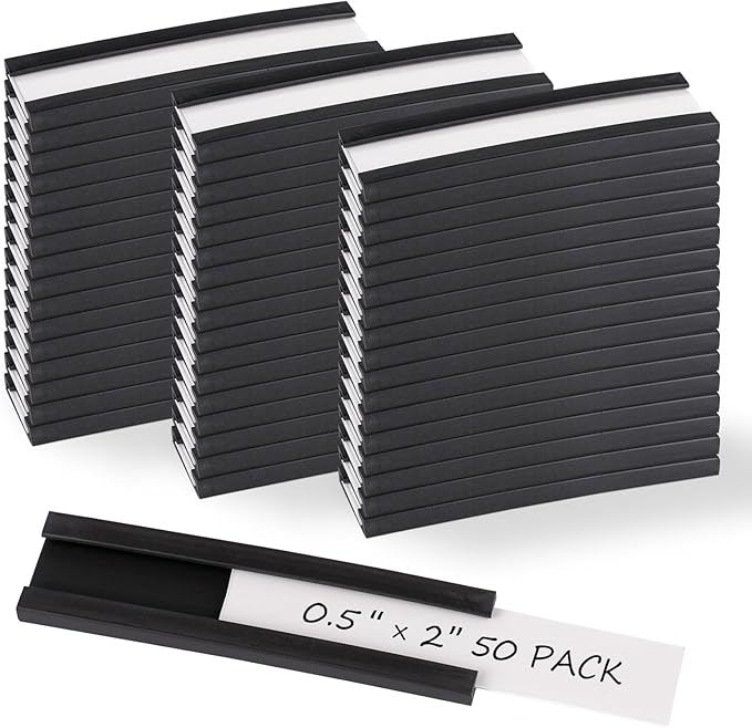 Realth C Channel Magentic Label Holders 50 Pack 0.5" x 2" - Magnetic Name Tags for Classroom, Office, Shelving, Bins, Library, Supermarket