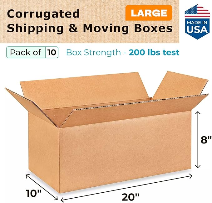 Large Shipping & Moving Boxes 20x10x8 inches (10-Pack) - Extra Strength 200 lb vs Regular - Corrugated Moving Boxes for USPS/UPS - Packing Box for Moving - Shipping Box by IDL Packaging