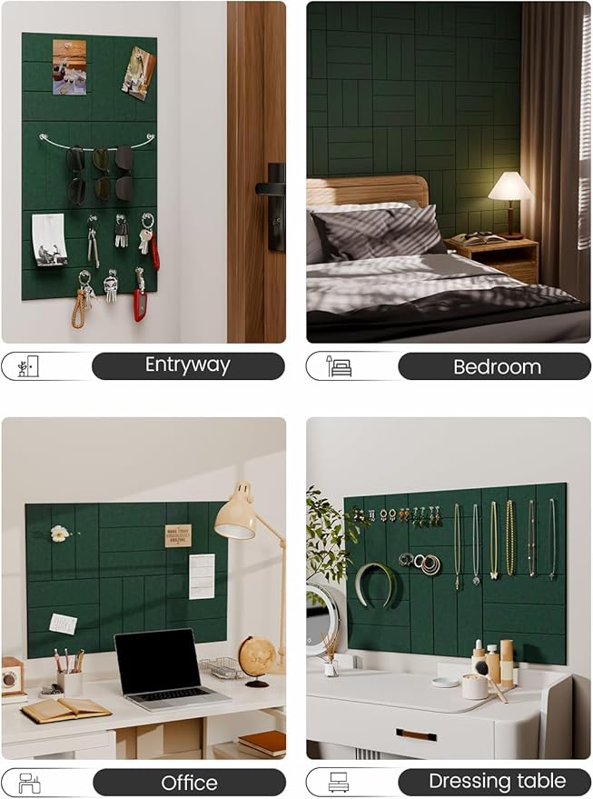 Fluxynara Felt Bulletin Board Tiles -28"x18" with 40 Adhesive Tabs, Cork Board Alternative for Office Decor, Push Pin Board Wall Organizer 6-Pack (Pine Green)