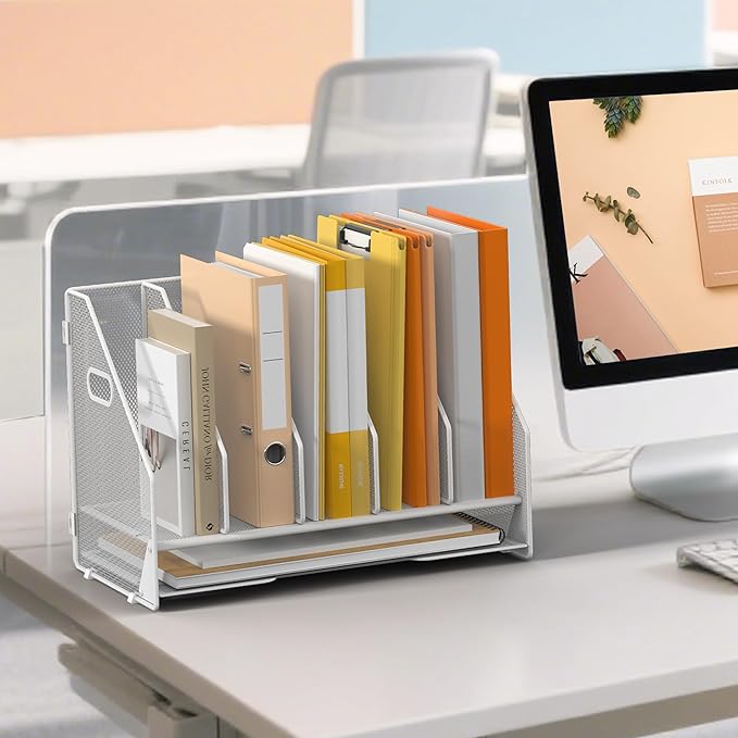 OrgMate Desk File Folder Holder Organizer-5 Vertical Compartments Racks and Paper Letter Tray,Mesh Magazine File Holder Sorter,Desktop Accessories & Workspace Organizers for Home,Office,School-White