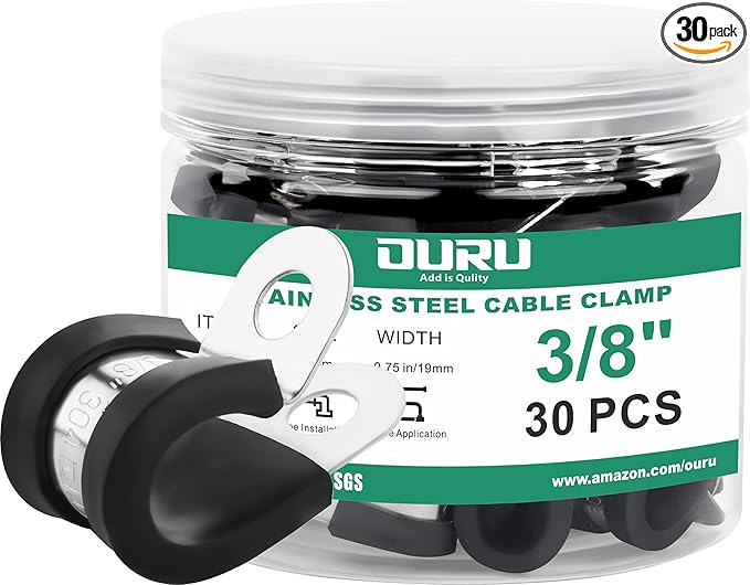 OURU 30pcs 3/8 Inch Stainless Steel Cable Clamps,Rubber Coated Cushioned Insulated Cable Clamp,Automotive Cable Wire Clamps,Pipe Clamps,Metal Clamp for Tube,Lines,Wire Cord Installation(Black,10mm)