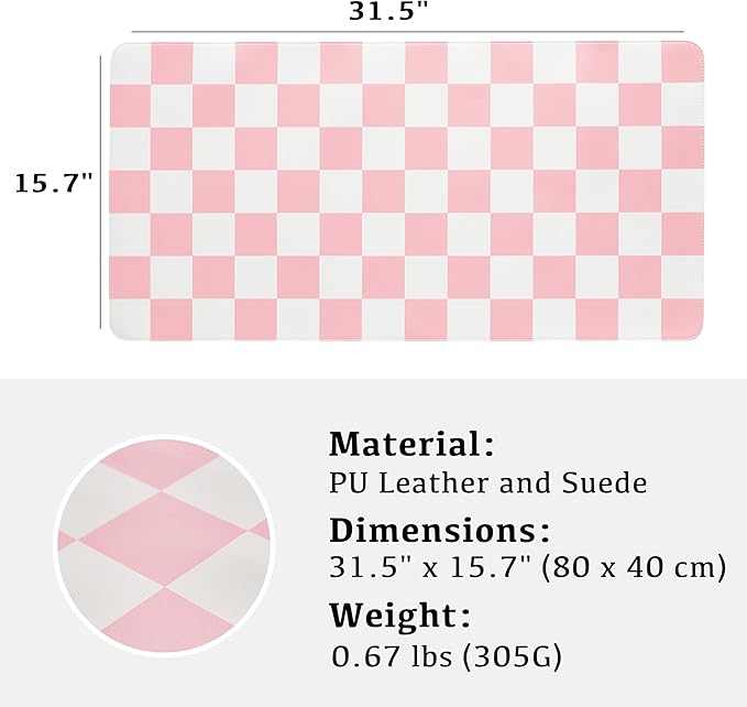 Ohocut Checkered Desk Mat, 31.5" x 15.7" Large Cute Pink Aesthetic Girl Women Accessories, PU Leather Computer Laptop Desk Mat, Mouse Keyboard Pad, Desk Writing Makeup Mat for Vanity Work/Home Decor