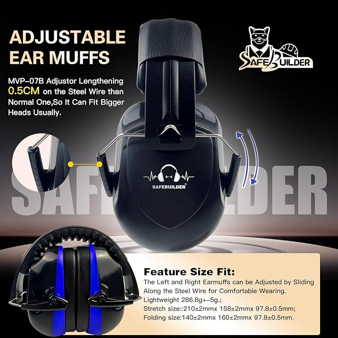 SAFEBUILDER Ear Muffs Noise Reduction SNR 33dB Adjustable Lightweight Safety Earmuffs Sound Proof Noise Cancelling ANSI