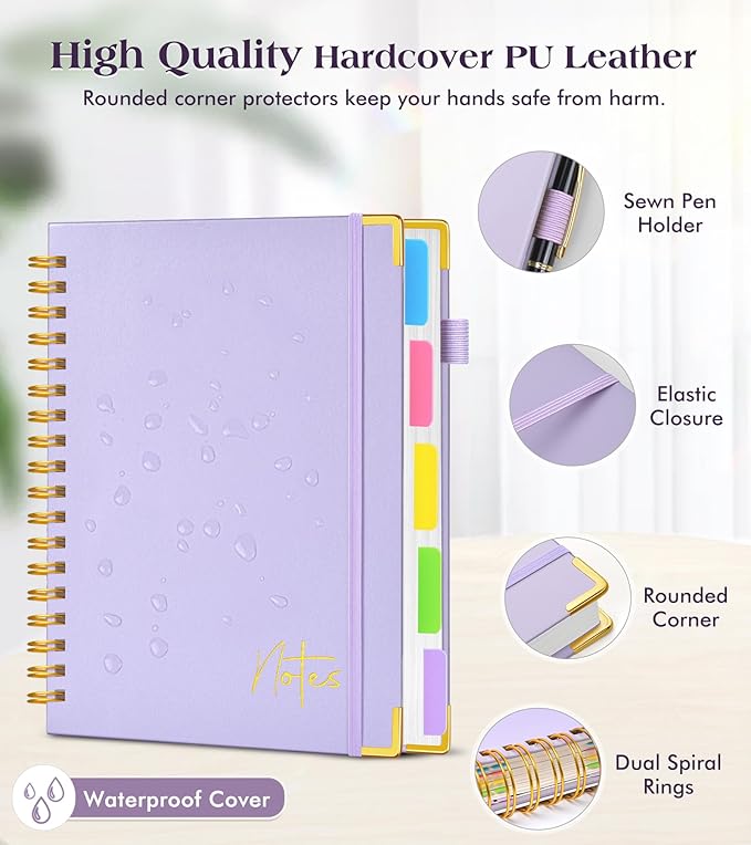 Spiral Notebook Journal with Removable Dividers Tabs, 300 Pages Hardcover Leather 5 Subject College Ruled Notebook, 8"x10" Large B5 Lined Journal for Women Men, Spiral Notebooks for Work School,Purple