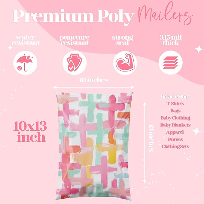 Pretty Package Store 10x13 Designer Poly Mailer 100 Pack Heavy Duty Waterproof Self Seal Shipping Bags for Small Business Large Mailing Envelopes Bulk Tear Resistant Packaging Pastel Crosses Faith