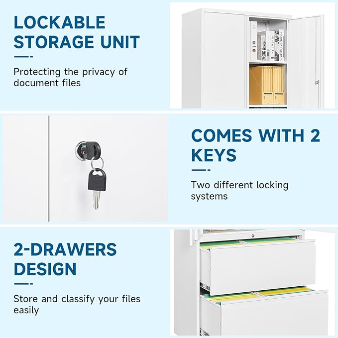 PEUKC 2-Drawer Metal File Cabinet, Lateral Vertical Filing Cabinets for Home Office, Locking File Cabinet with Storage Shelves, Legal/Letter/A4 Size (White, Assemble Required)