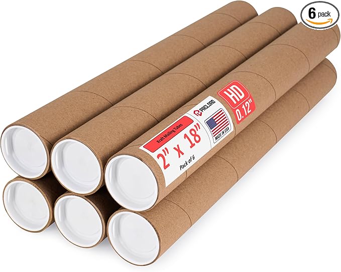 Paclord 2" x 18" Heavy-Duty Reinforced Cardboard Mailing Tube, Pack of 6 Tubes with 12 Caps – Secure USPS Approved – Great for Shipping and Storing of Prints, Artwork, Posters or Documents