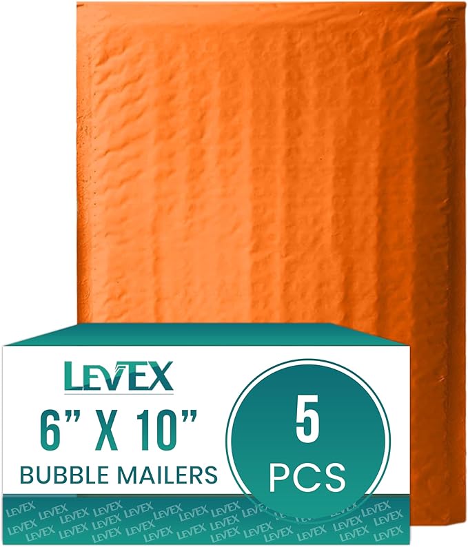 Levex - #0 6" x 10" [5 Pack] Orange Poly Bubble Mailers, Padded Envelope Mailers, Packing Envelope & Mailing Bags for Shipping