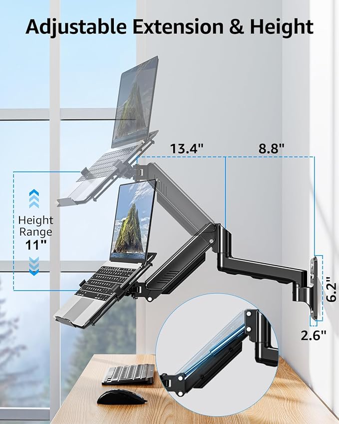 MOUNTUP Laptop Wall Mount, Adjustable Laptop Mount for Max 17" Notebook or Max 32" Monitor, Wall Mount Laptop Holder Holds 4.4-22lbs, 2-in-1 Laptop Arm with Ventilated Tray